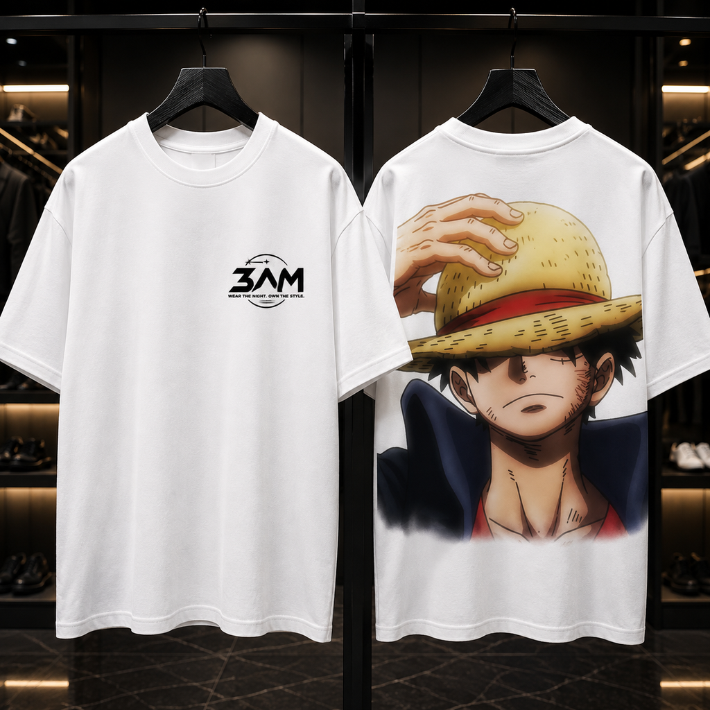 3AM Anime Pirate Straw Hat Graphic Oversized T-Shirt – White